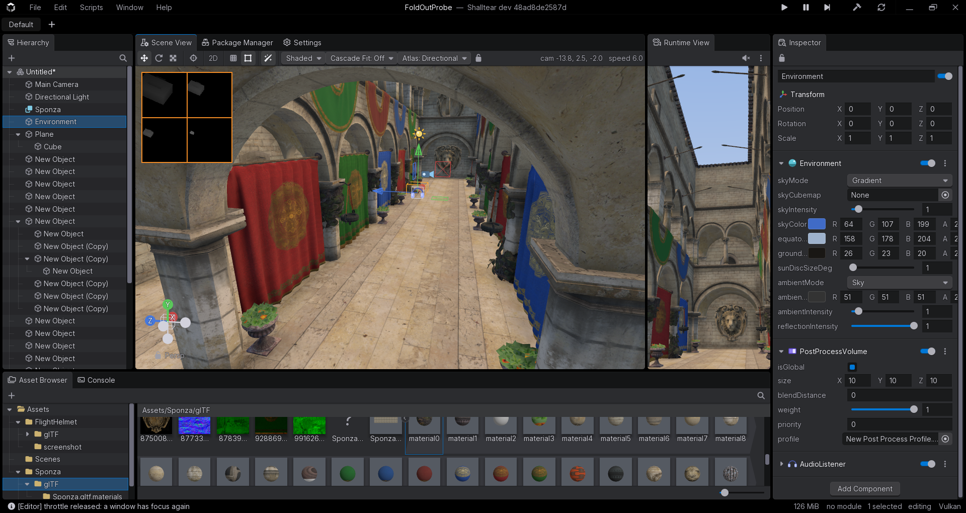 The Shalltear editor with a scene open: a hierarchy of objects on the left, the scene viewport in the middle, and an inspector showing one object's components on the right.